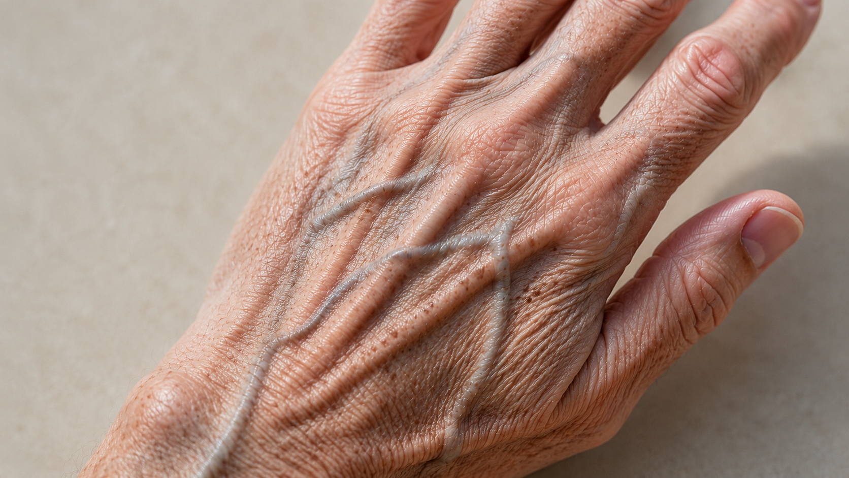 Thin papery skin on men's hands